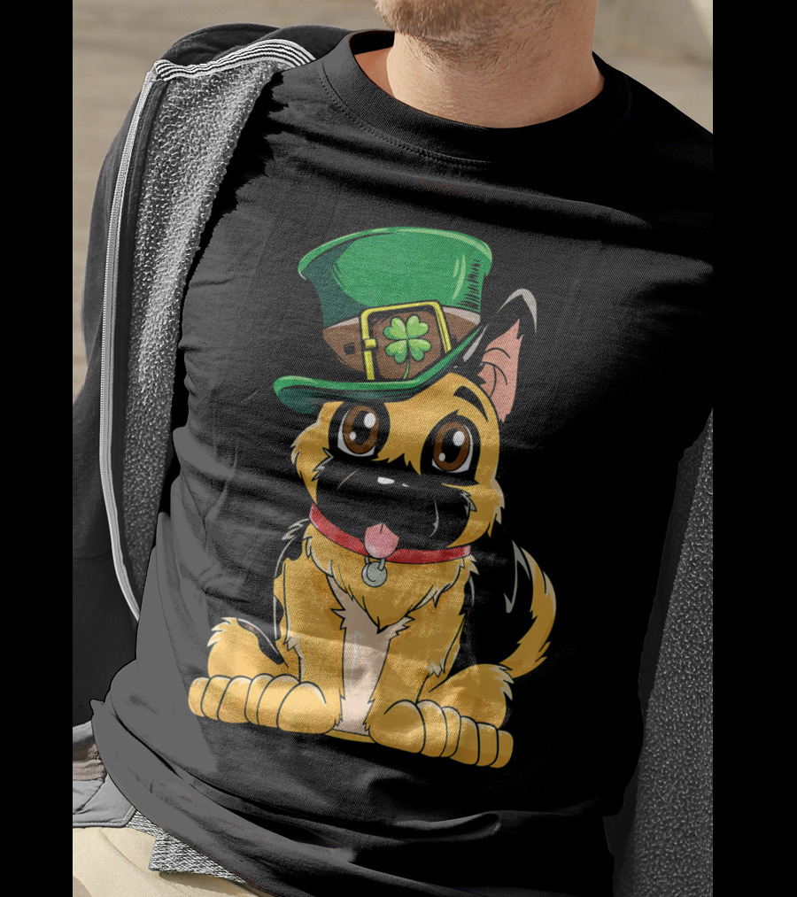 German Shepherd Wearing Leprechaun Hat With Clover T-Shirt