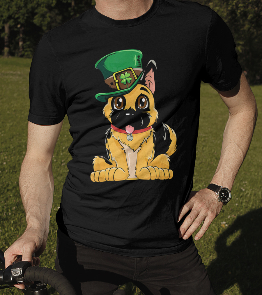 German Shepherd Wearing Leprechaun Hat With Clover T-Shirt