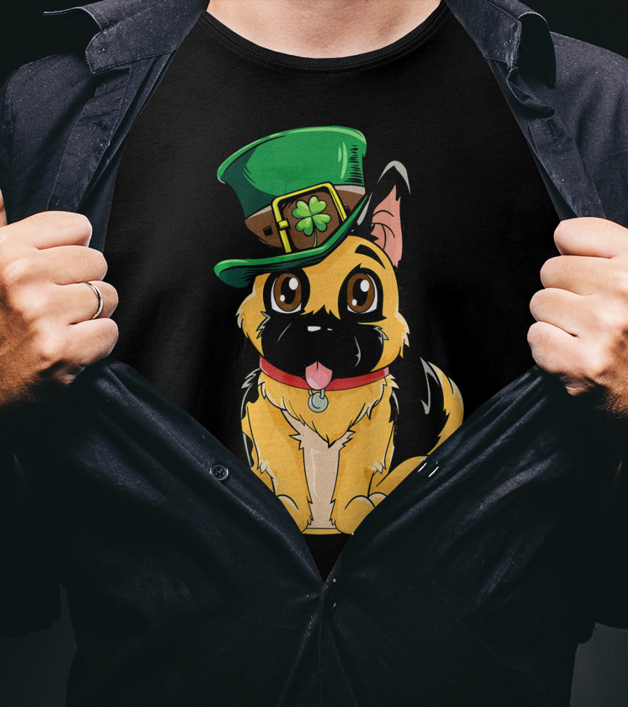 German Shepherd Wearing Leprechaun Hat With Clover T-Shirt