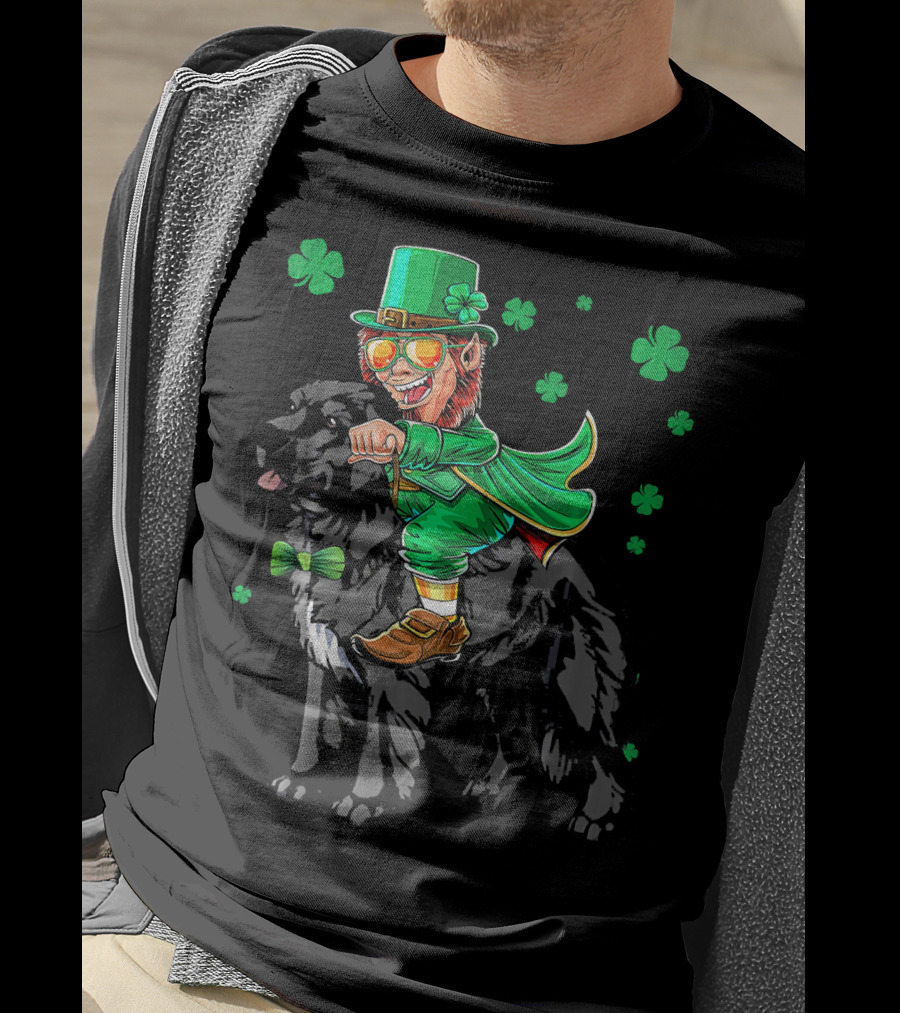 Leprechaun Riding Newfoundland Dog With Shamrocks For St. Pat's Day T-Shirt