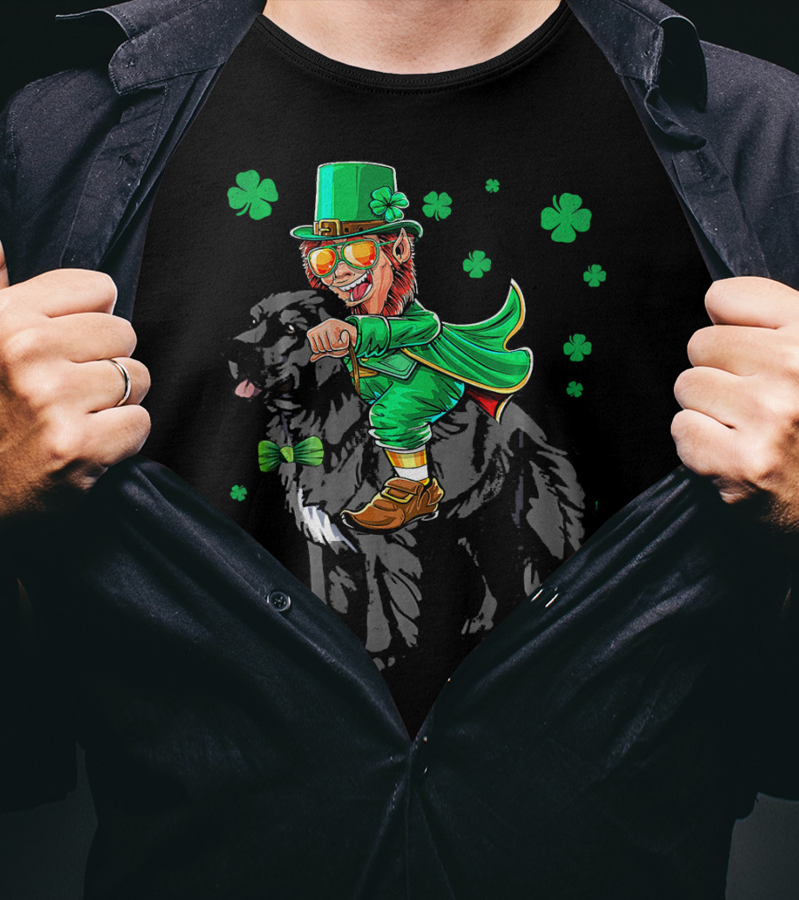 Leprechaun Riding Newfoundland Dog With Shamrocks For St. Pat's Day T-Shirt