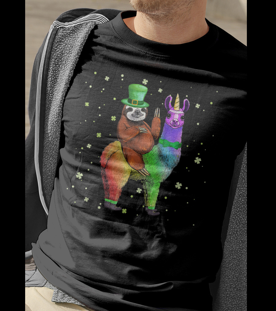 St. Patrick's Day Sloth With Green Hat On Rainbow Unicorn Llama T-Shirt