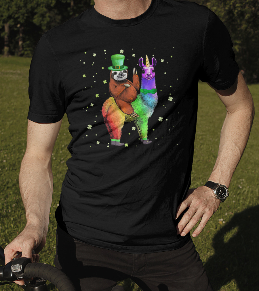 St. Patrick's Day Sloth With Green Hat On Rainbow Unicorn Llama T-Shirt