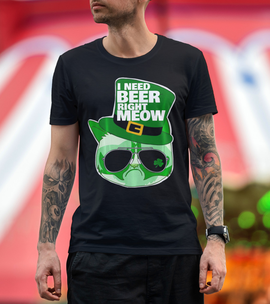I Need Beer Right Meow Funny St Patricks Day Cat with Green Leprechaun Hat and Sunglasses T-Shirt