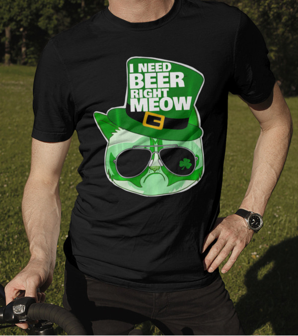 I Need Beer Right Meow Funny St Patricks Day Cat With Green Leprechaun Hat And Sunglasses T-Shirt
