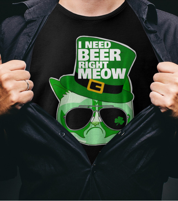 I Need Beer Right Meow Funny St Patricks Day Cat With Green Leprechaun Hat And Sunglasses T-Shirt
