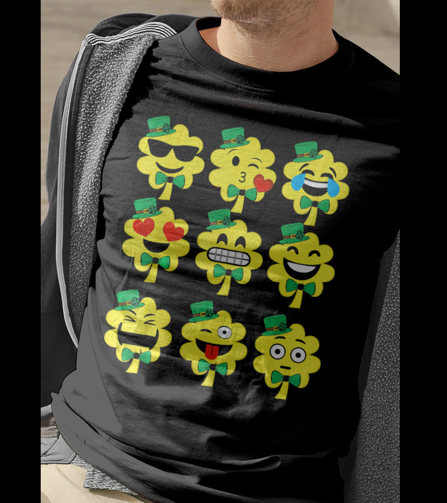 St Patricks Day Kids Emoji Shamrock Faces With Top Hats And Bowties T-Shirt