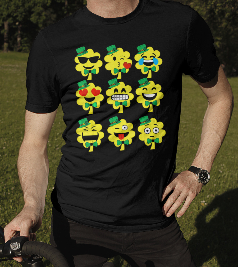 St Patricks Day Kids Emoji Shamrock Faces With Top Hats And Bowties T-Shirt