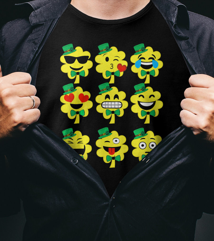 St Patricks Day Kids Emoji Shamrock Faces With Top Hats And Bowties T-Shirt