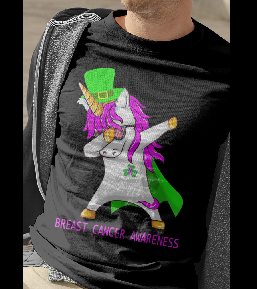 Unicorn Breast Cancer Awareness Dabbing With Green Hat And Clover Patrick T-Shirt