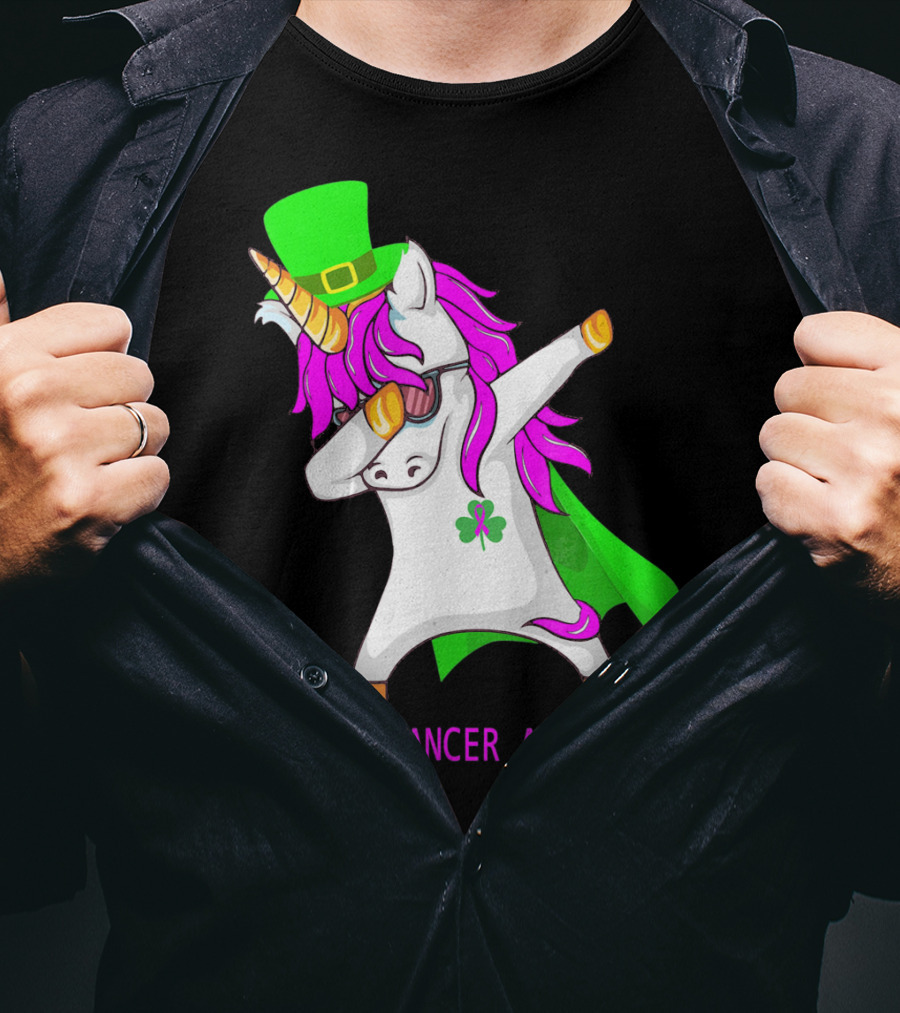 Unicorn Breast Cancer Awareness Dabbing With Green Hat And Clover Patrick T-Shirt