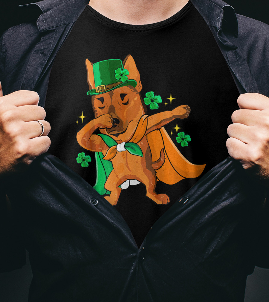 German Shepherd Leprechaun Dabbing With Shamrocks And Green Hat T-Shirt