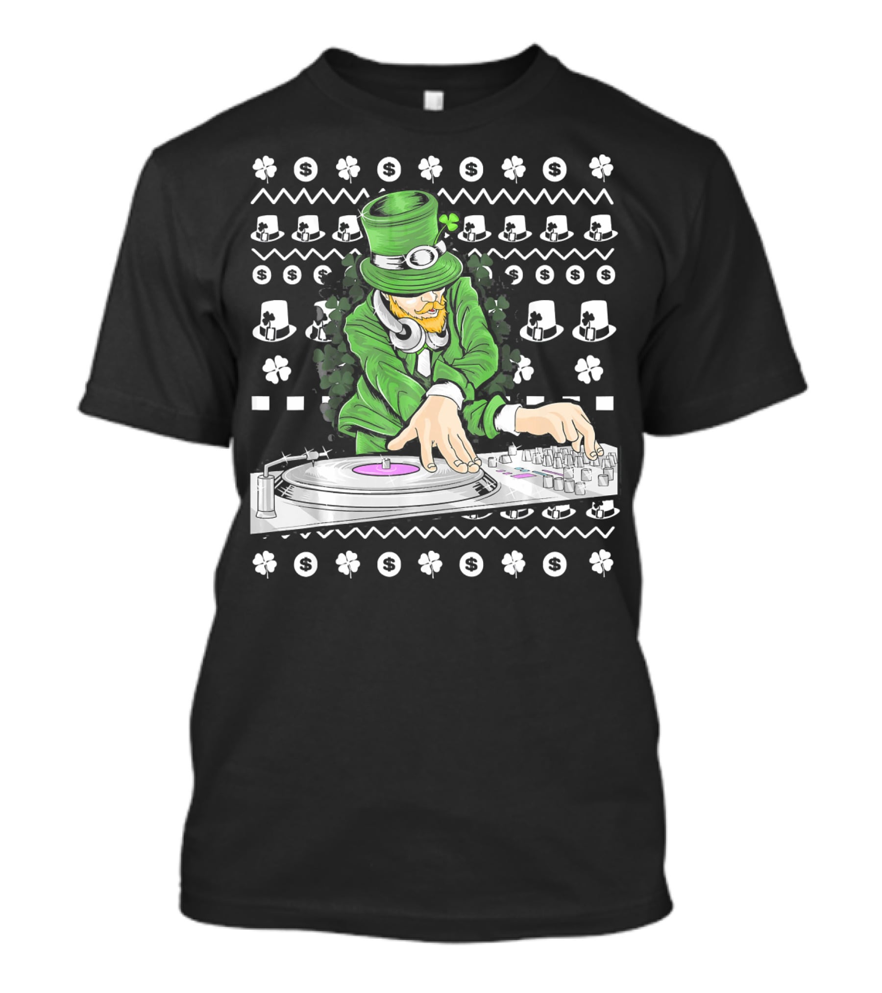 Leprechaun DJ Mixing With Shamrocks And Top Hats T-Shirt