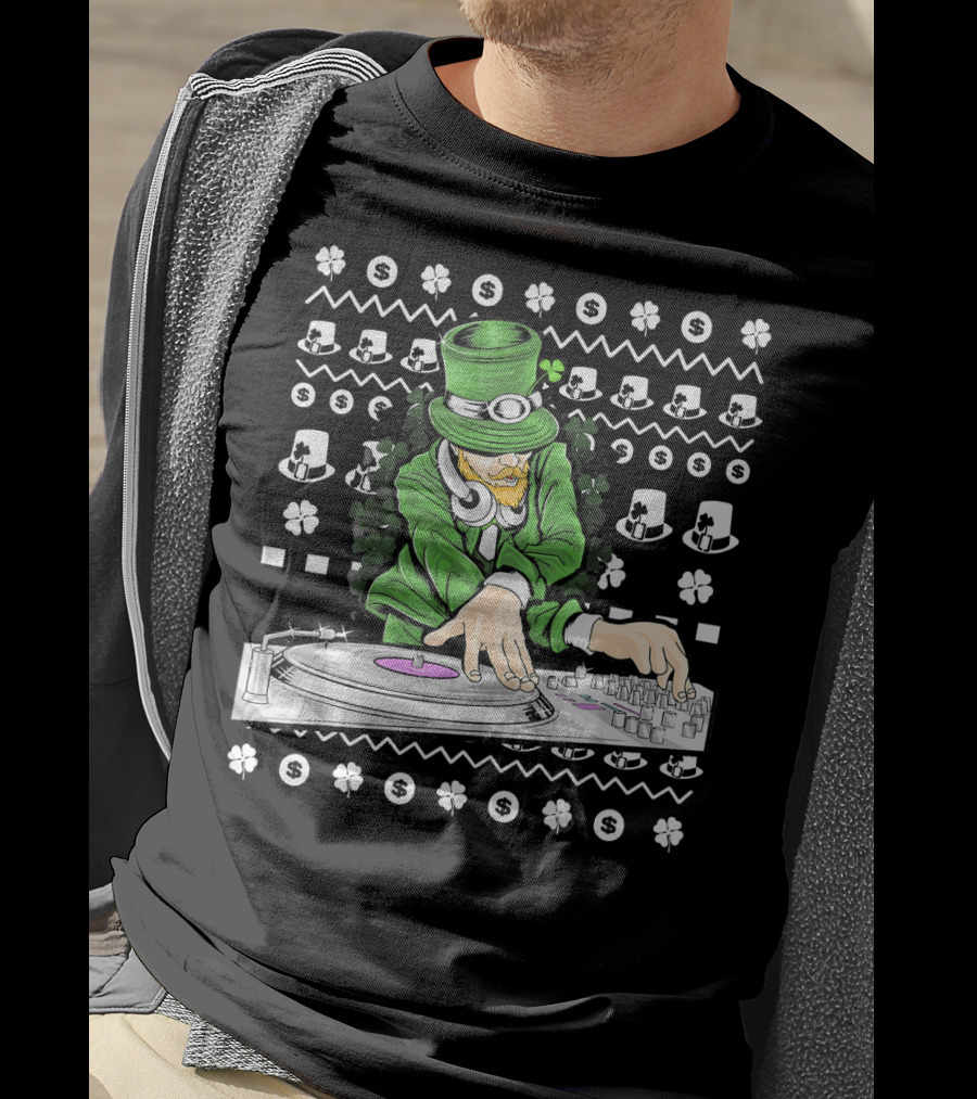 Leprechaun DJ Mixing With Shamrocks And Top Hats T-Shirt