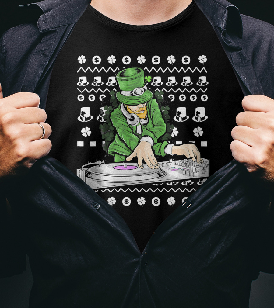 Leprechaun DJ Mixing With Shamrocks And Top Hats T-Shirt