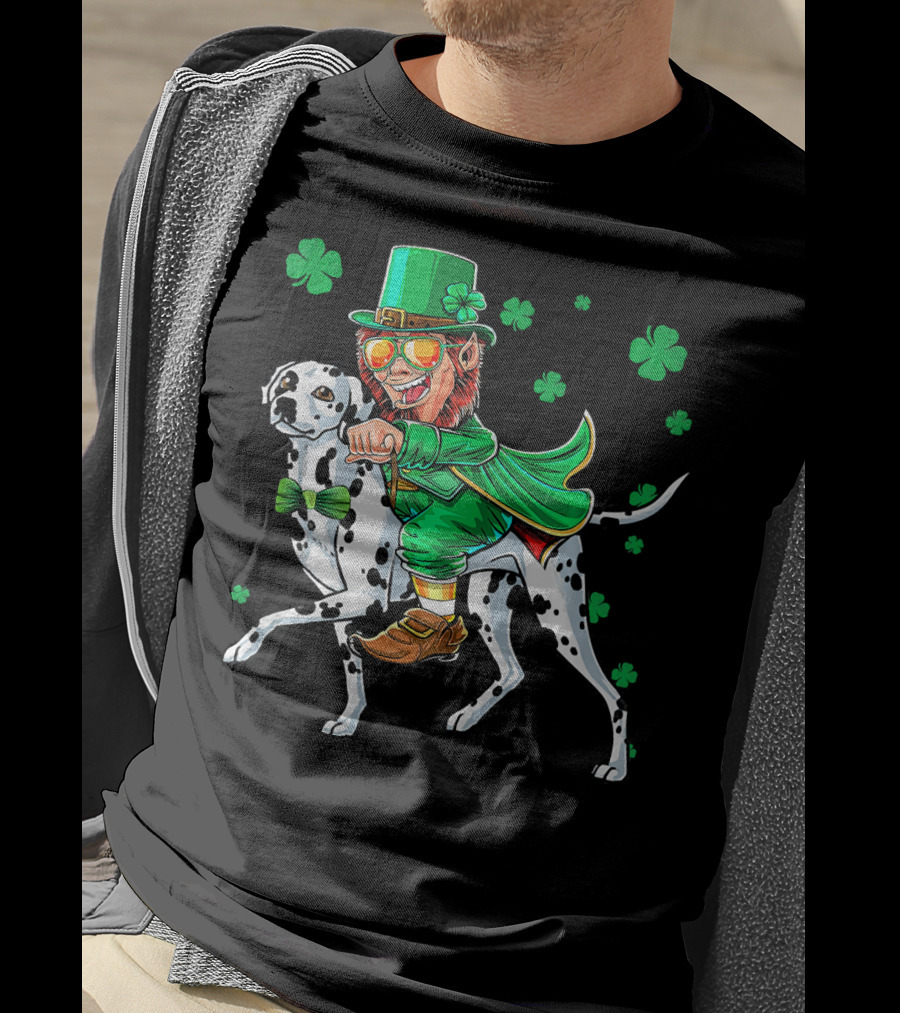 Leprechaun Riding Dalmatian With Shamrocks St. Patrick's Day T-Shirt