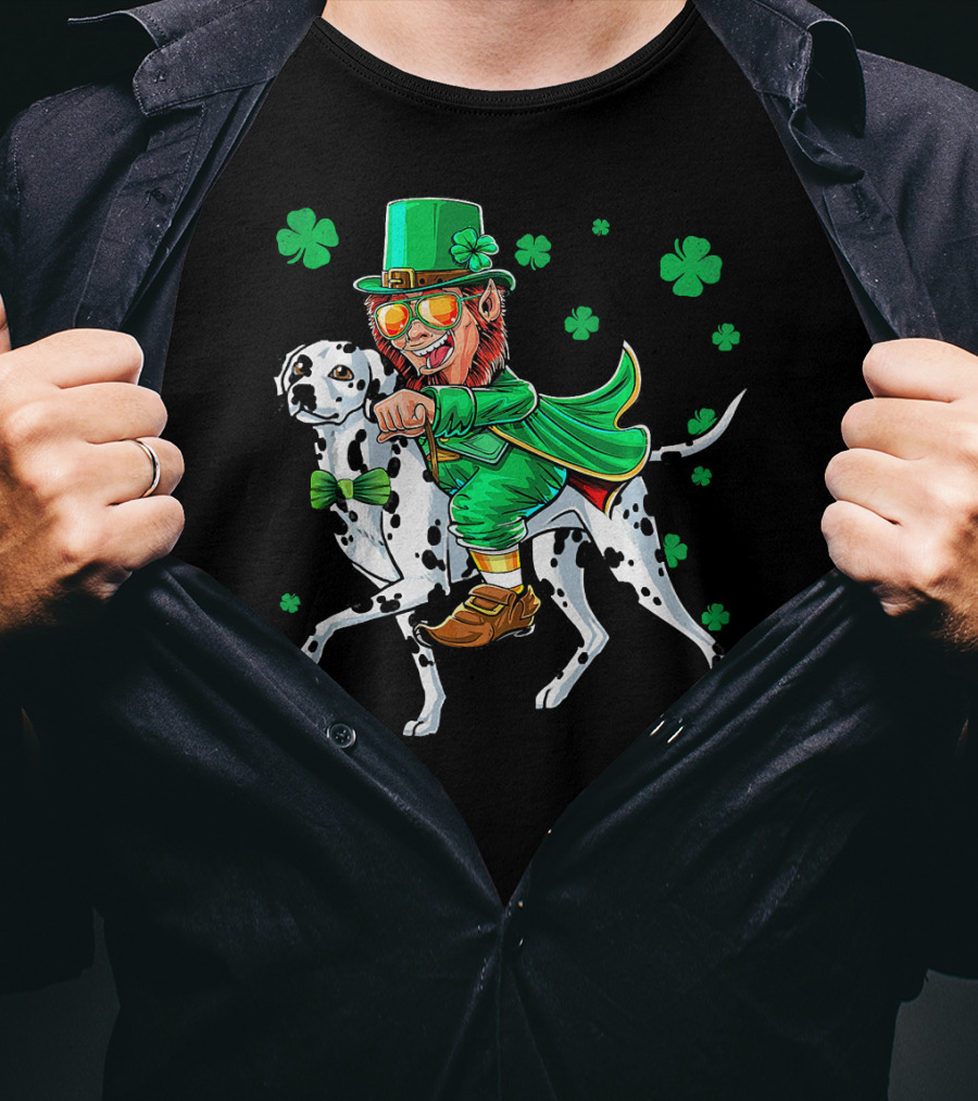 Leprechaun Riding Dalmatian With Shamrocks St. Patrick's Day T-Shirt
