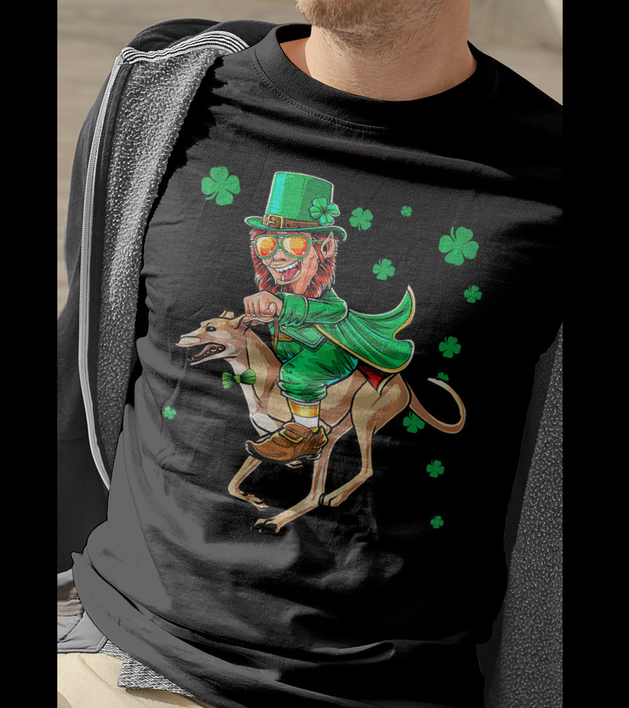 Leprechaun Riding Greyhound With Shamrocks St. Patrick's Day T-Shirt