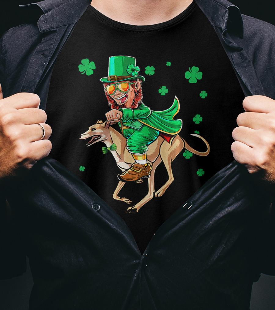 Leprechaun Riding Greyhound With Shamrocks St. Patrick's Day T-Shirt