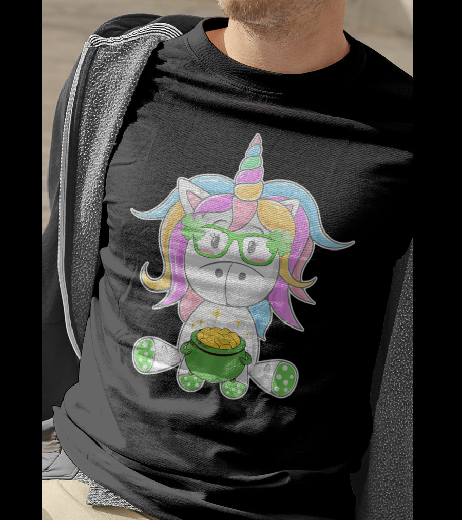 Unicorn Face Saint Patricks Day Shamrock Glasses Pot Of Gold T-Shirt