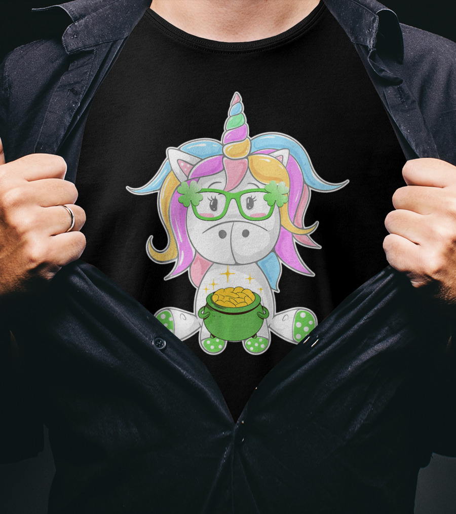 Unicorn Face Saint Patricks Day Shamrock Glasses Pot Of Gold T-Shirt