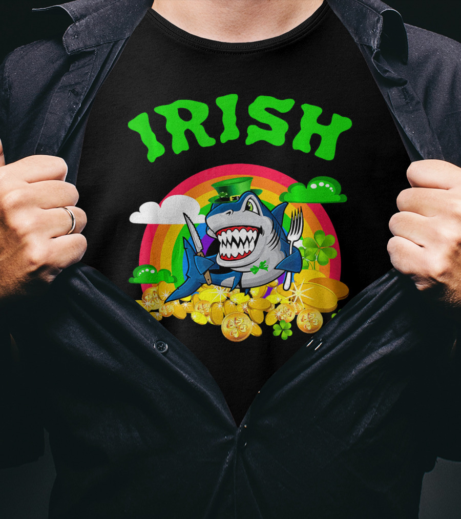 Irish Shark Funny St Patricks Day Leprechaun Rainbow Coins T-Shirt