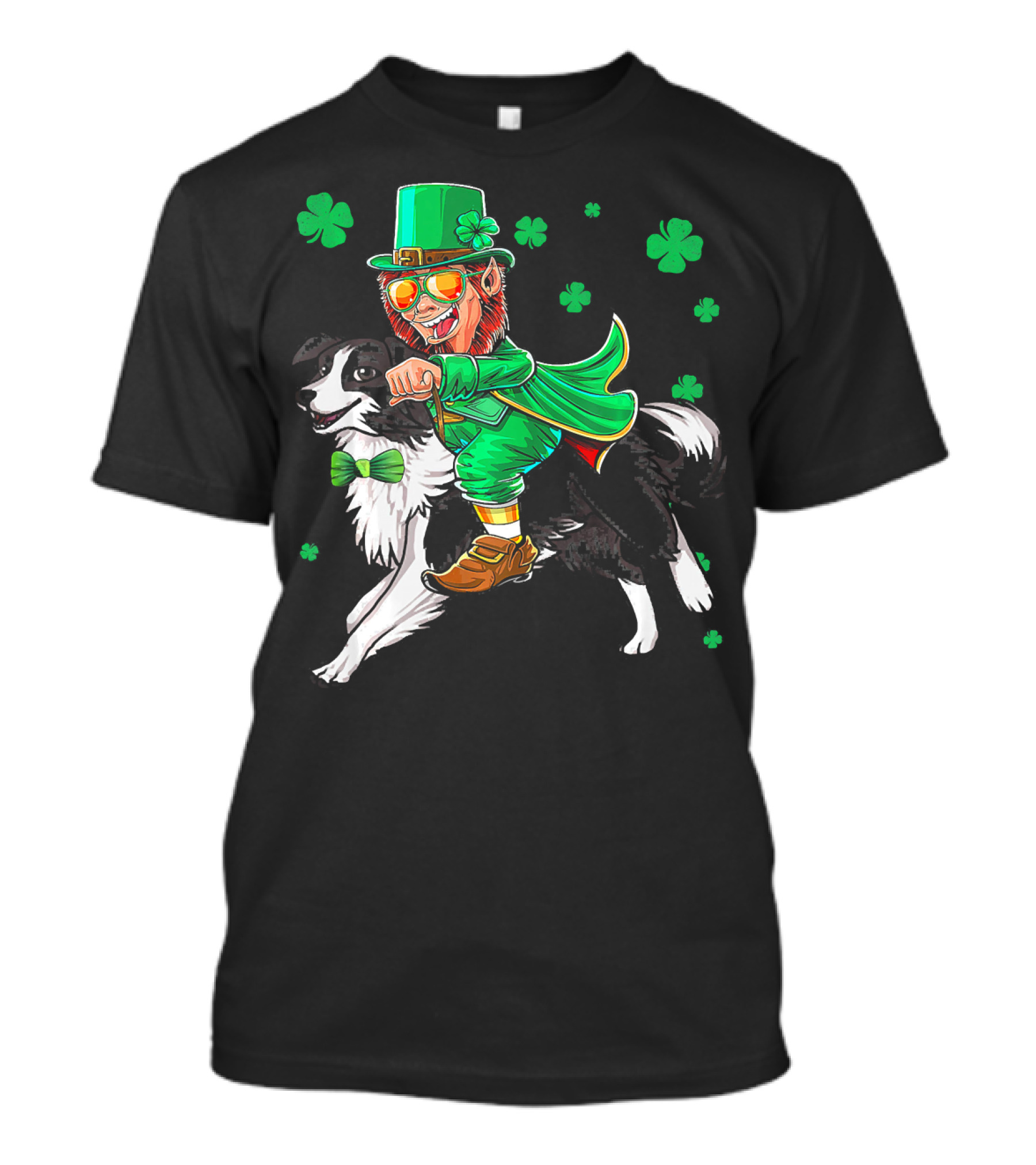 Leprechaun Riding Border Collie With Shamrocks T-Shirt