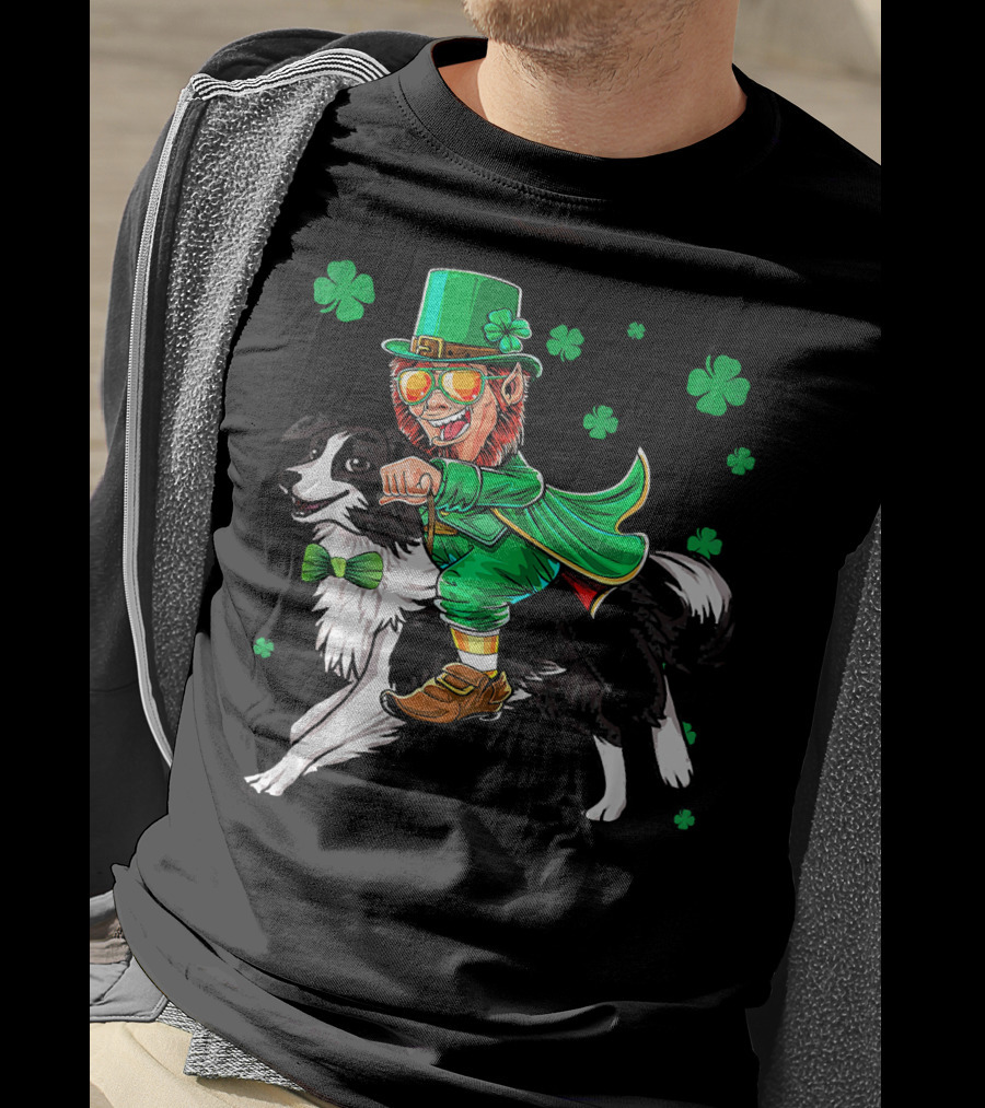 Leprechaun Riding Border Collie With Shamrocks T-Shirt