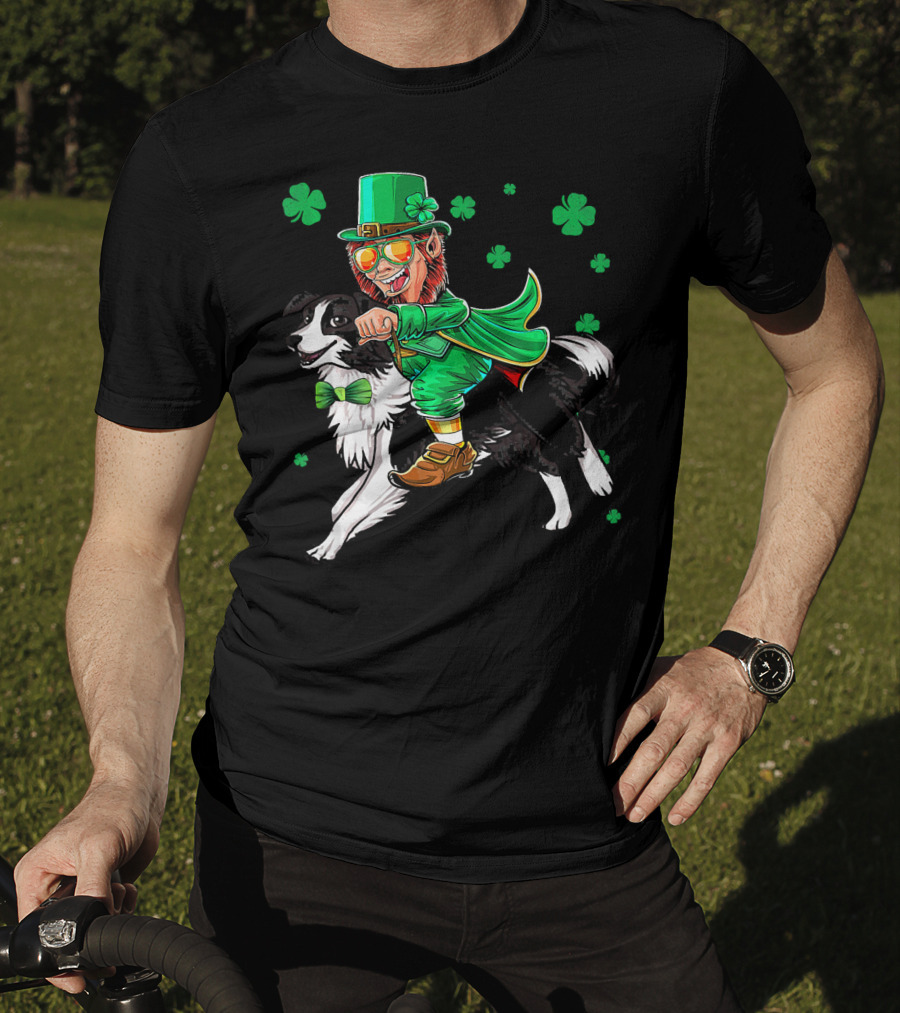 Leprechaun Riding Border Collie With Shamrocks T-Shirt