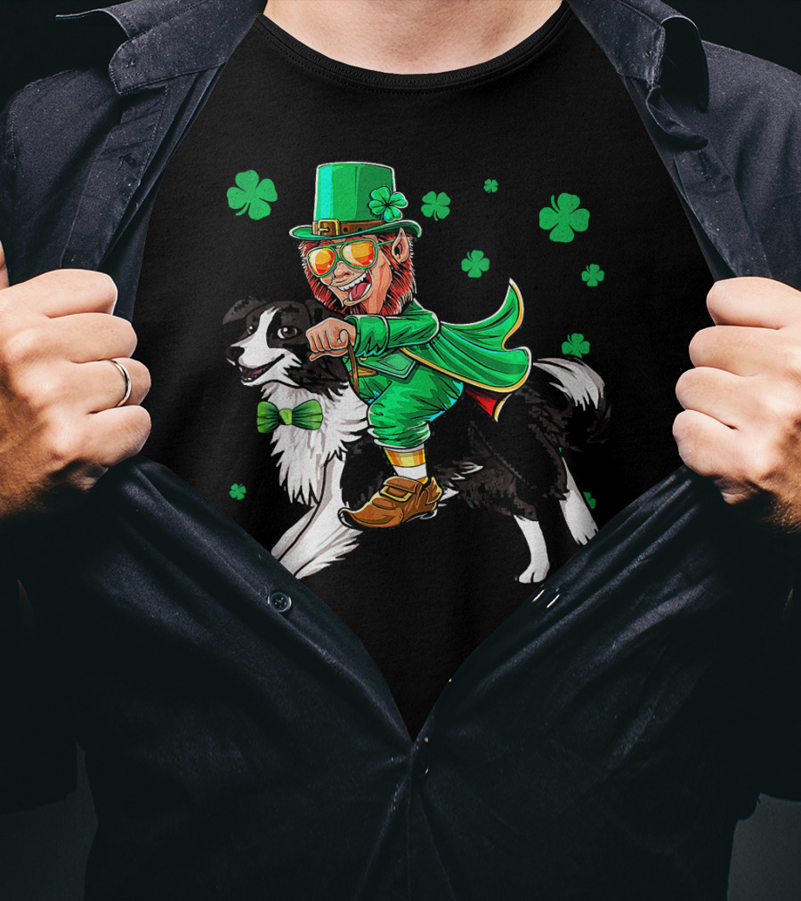 Leprechaun Riding Border Collie With Shamrocks T-Shirt