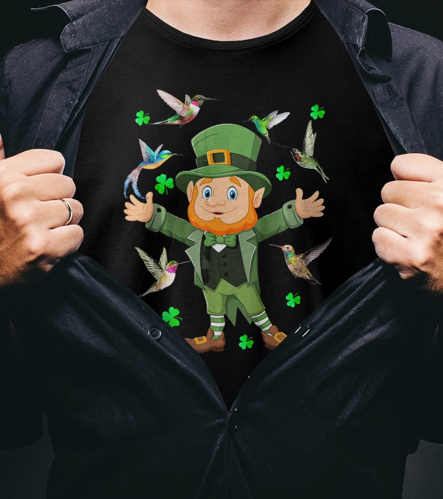 St Patricks Day Leprechaun With Hummingbirds And Shamrocks T-Shirt
