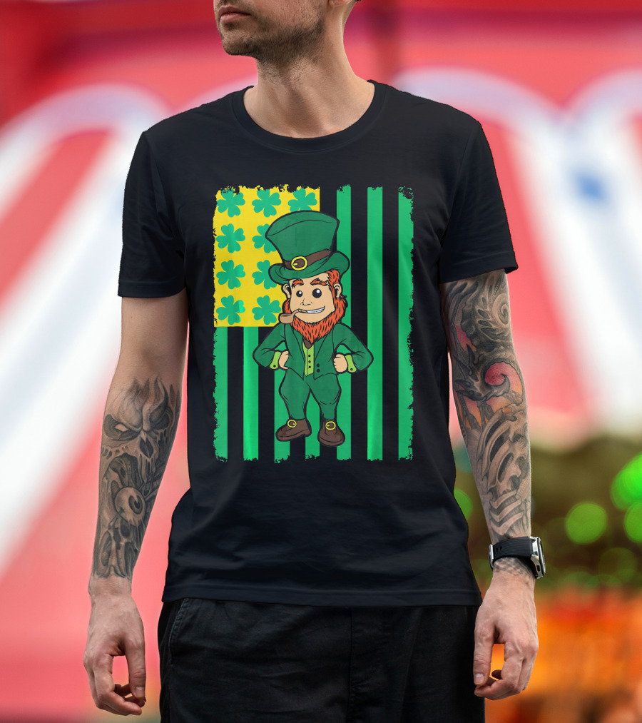 Irish American Leprechaun with Clover Flag T-Shirt