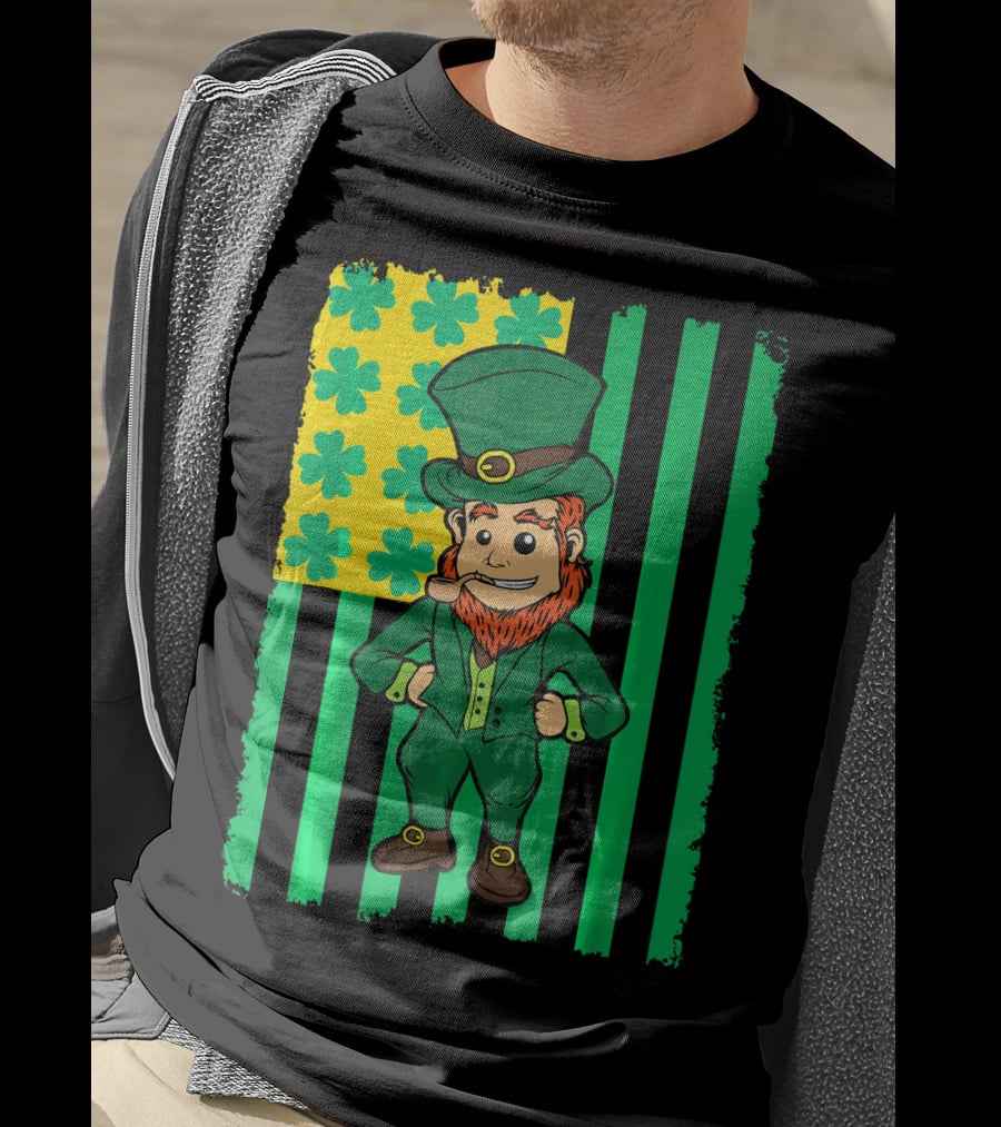 Irish American Leprechaun With Clover Flag T-Shirt