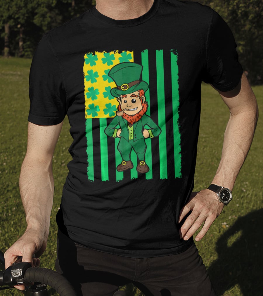 Irish American Leprechaun With Clover Flag T-Shirt