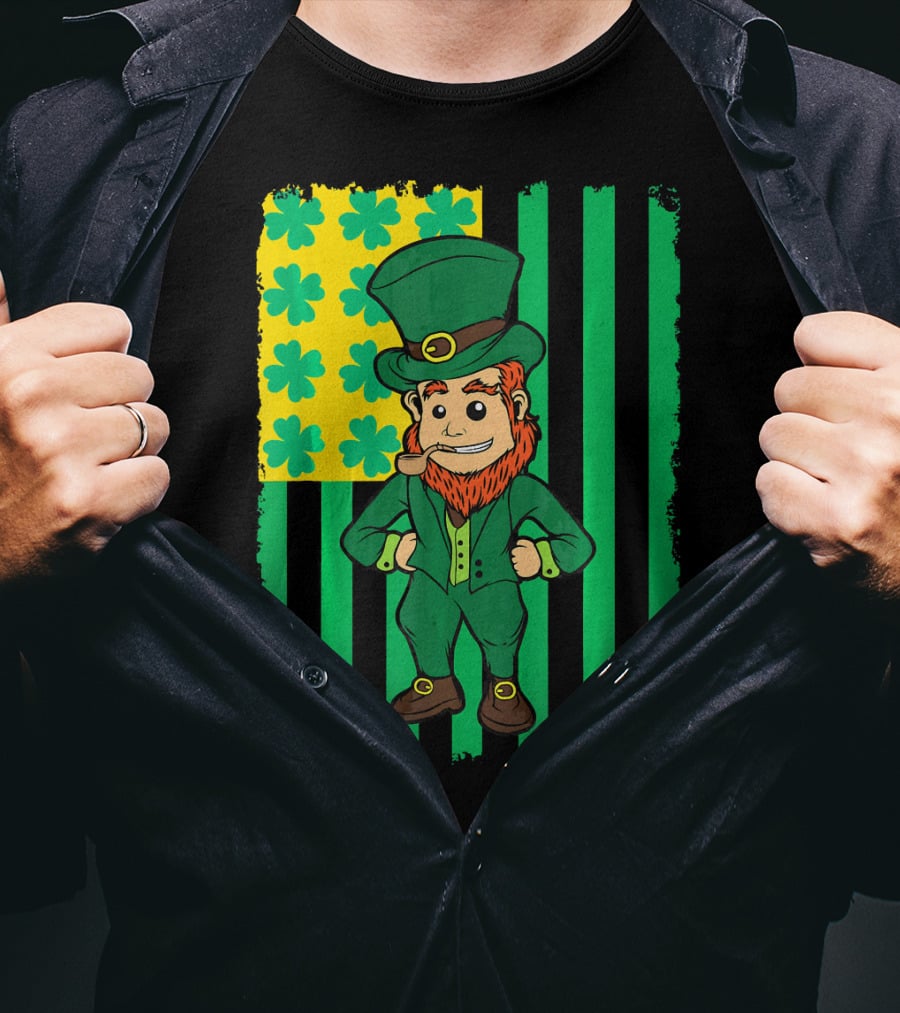 Irish American Leprechaun With Clover Flag T-Shirt