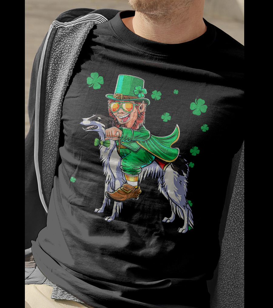 Leprechaun Riding Borzoi With Shamrocks St. Patrick's Day T-Shirt