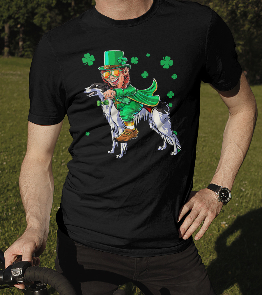 Leprechaun Riding Borzoi With Shamrocks St. Patrick's Day T-Shirt
