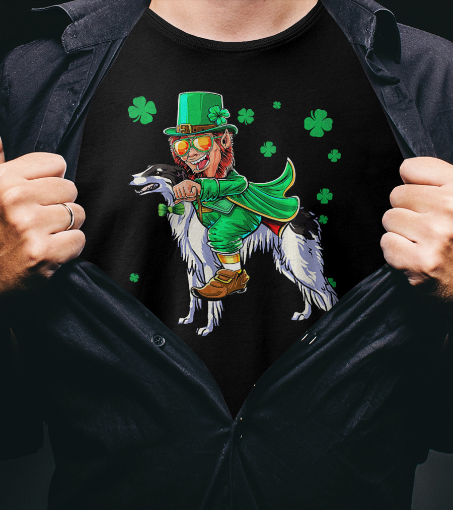 Leprechaun Riding Borzoi With Shamrocks St. Patrick's Day T-Shirt