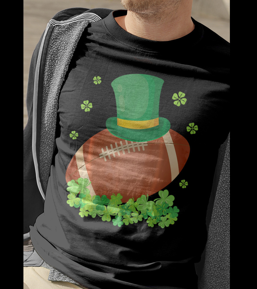 Leprechaun Hat On Football Surrounded By Clovers T-Shirt