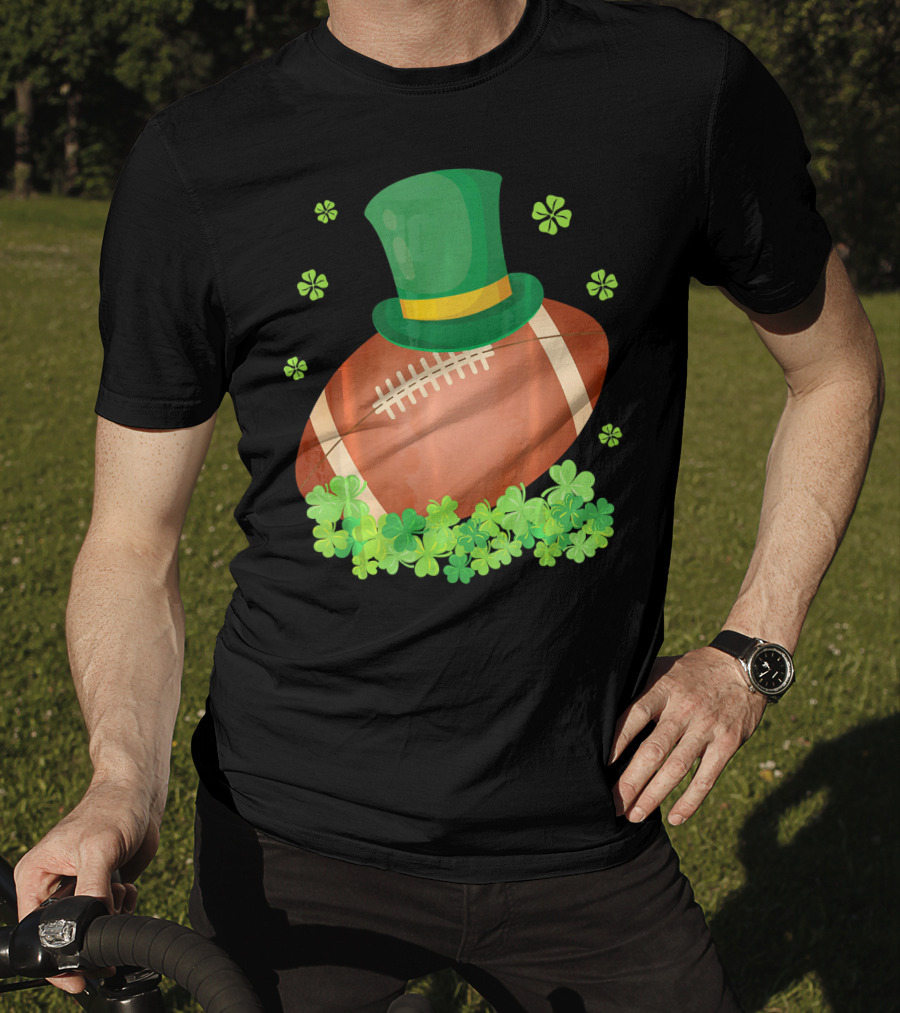Leprechaun Hat On Football Surrounded By Clovers T-Shirt