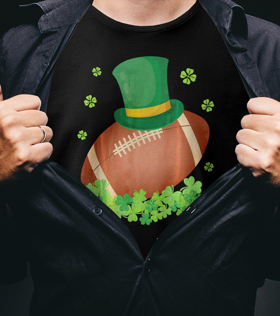 Leprechaun Hat On Football Surrounded By Clovers T-Shirt
