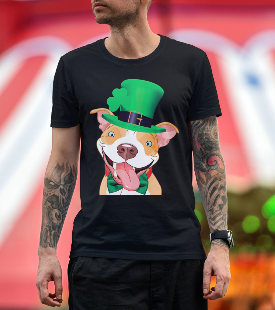 Irish Pitbull St Patricks Day Funny Leprechaun Hat Shamrock T-Shirt