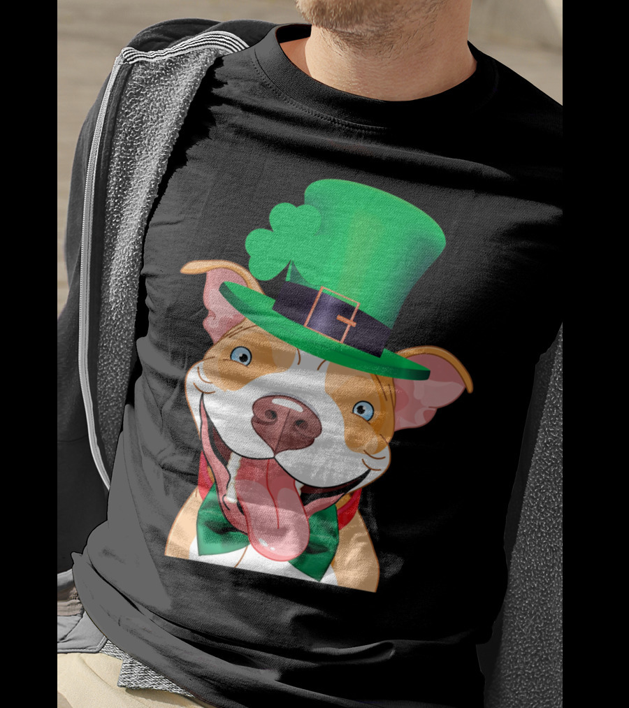 Irish Pitbull St Patricks Day Funny Leprechaun Hat Shamrock T-Shirt