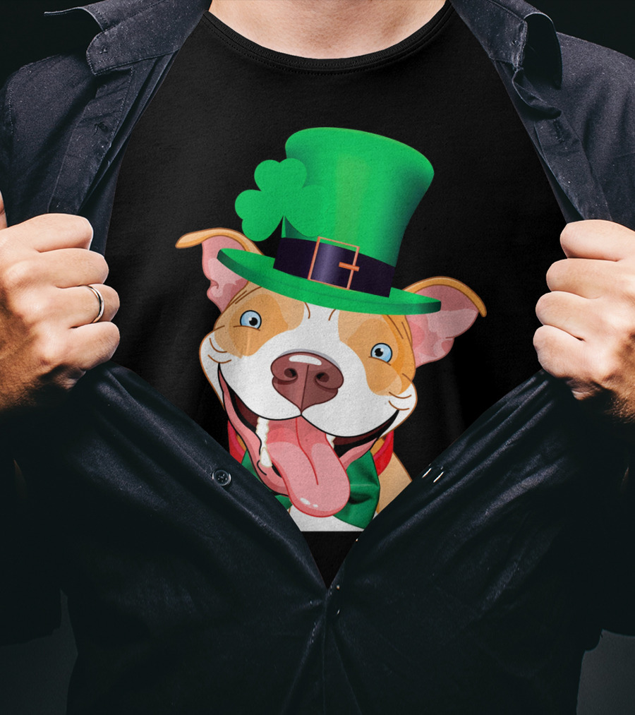 Irish Pitbull St Patricks Day Funny Leprechaun Hat Shamrock T-Shirt
