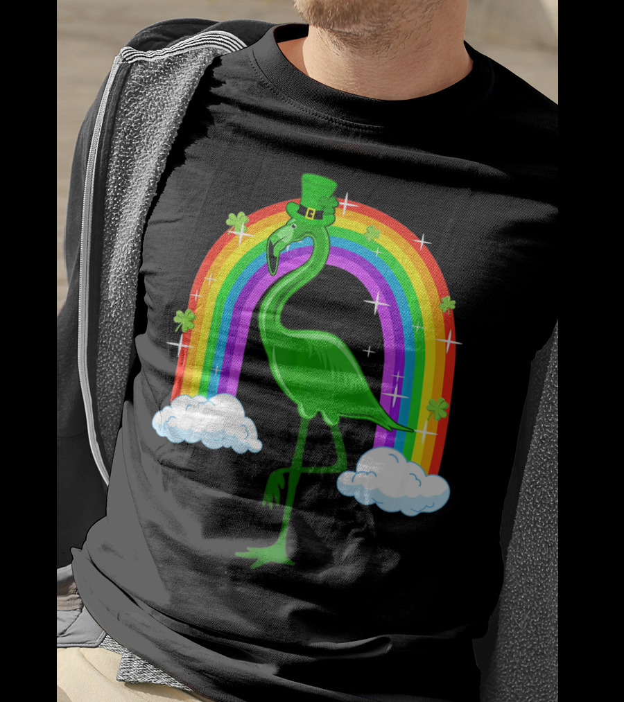 Leprechaun Flamingo With Rainbow And Clovers T-Shirt