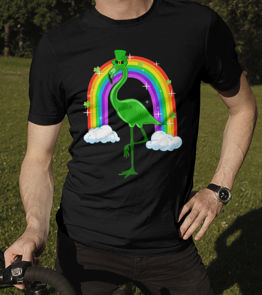 Leprechaun Flamingo With Rainbow And Clovers T-Shirt