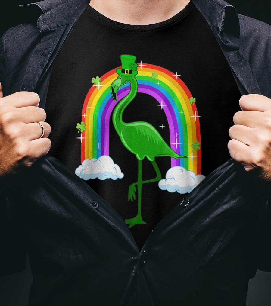 Leprechaun Flamingo With Rainbow And Clovers T-Shirt
