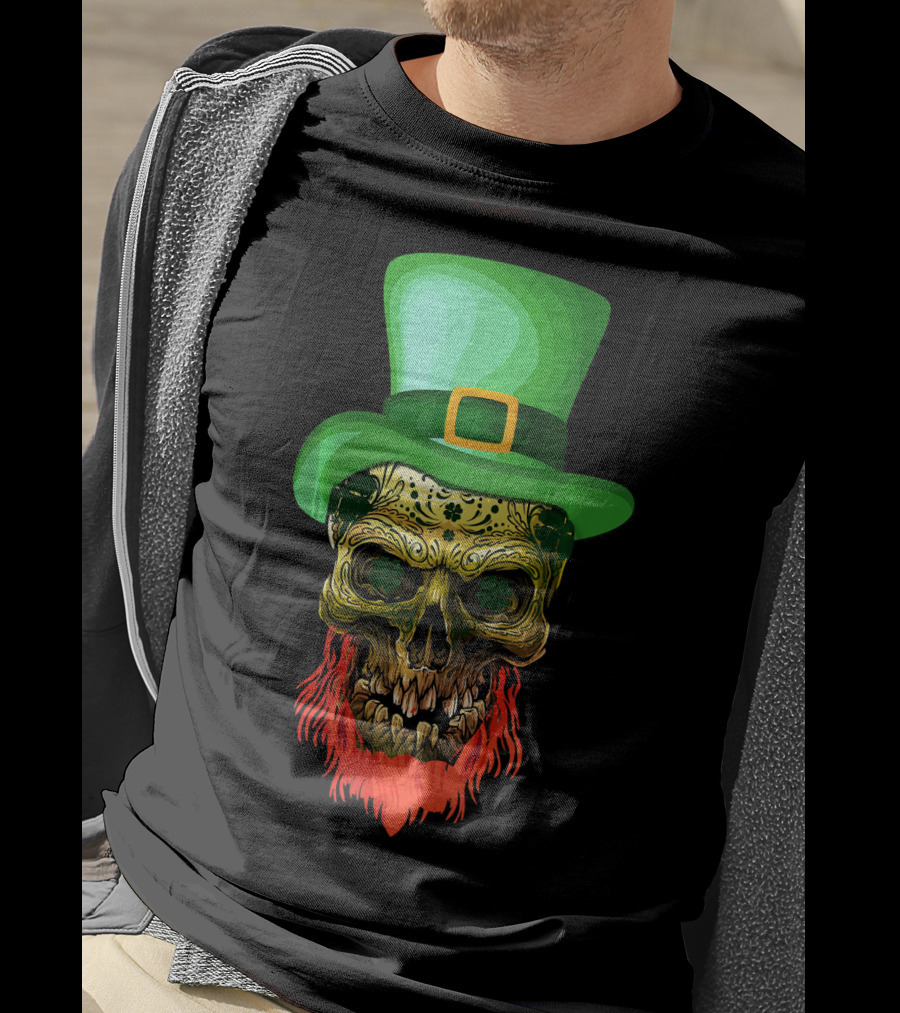 Skull Leprechaun Irish Green Hat Red Beard T-Shirt