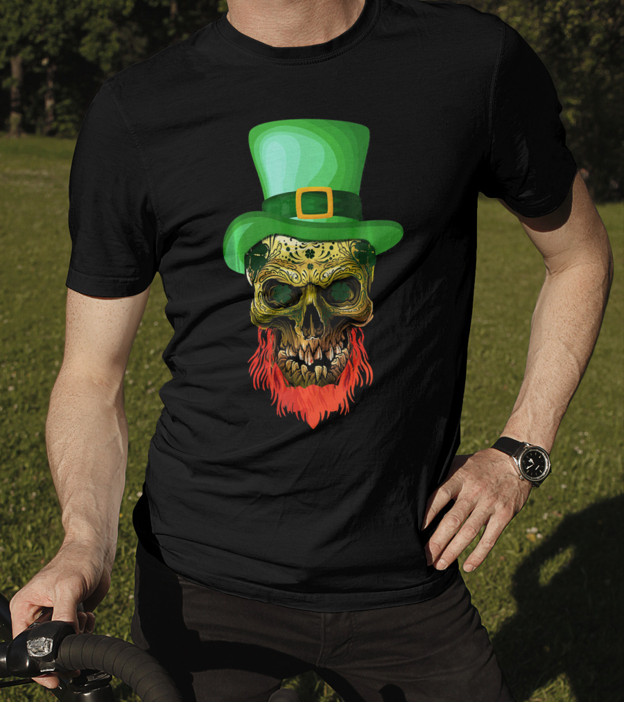 Skull Leprechaun Irish Green Hat Red Beard T-Shirt
