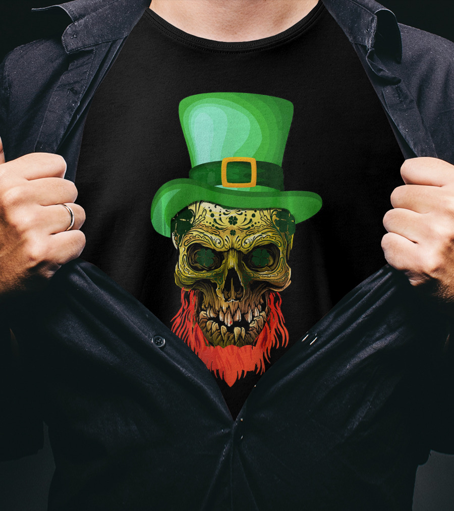 Skull Leprechaun Irish Green Hat Red Beard T-Shirt